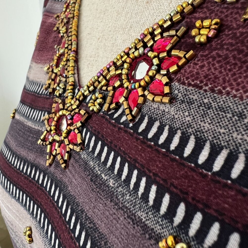 Boho Beaded Striped V-Neck Empire Waist Midi Dress M Burgundy Mauve Puff Sleeve - Picture 7 of 9